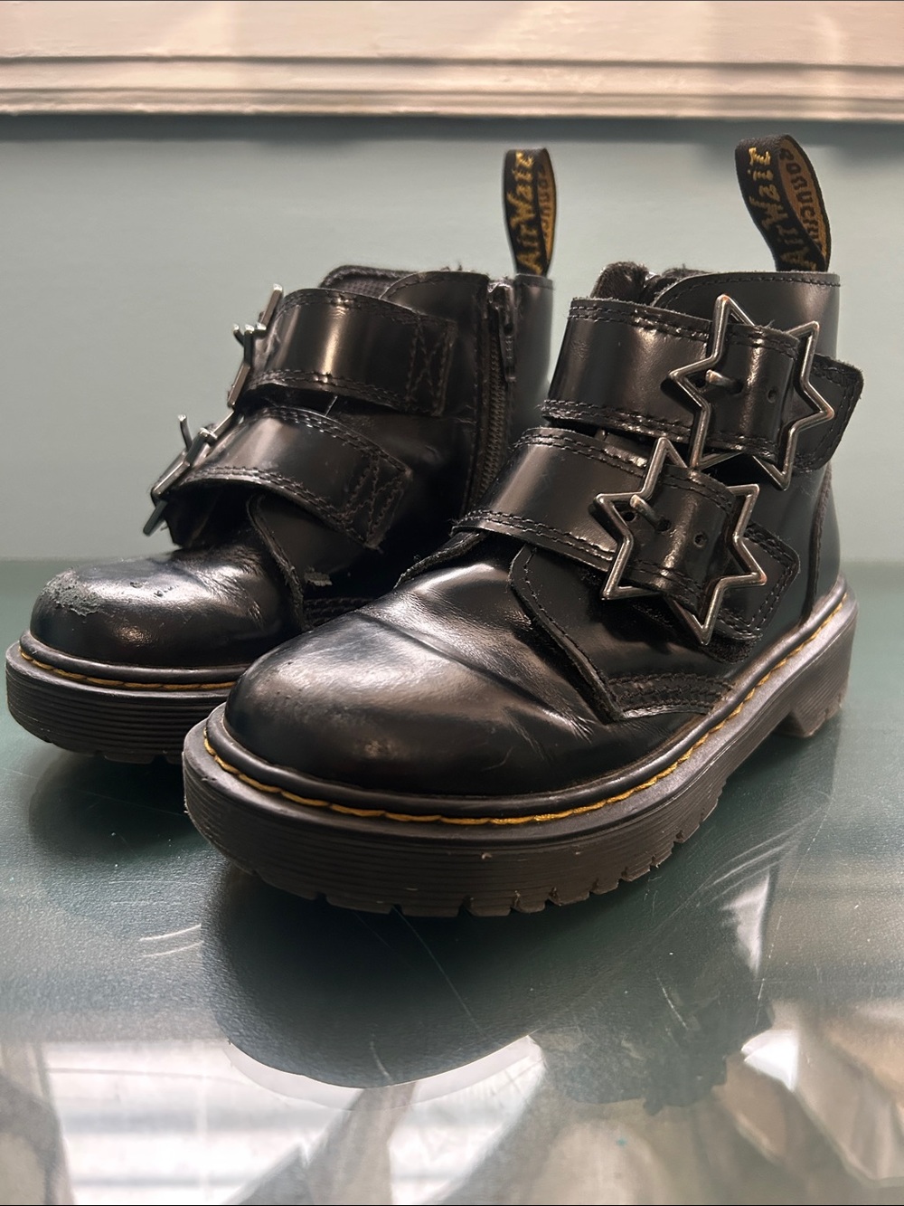 Dr. Martens Black Leather Ankle Boot with Yellow Heel Loop